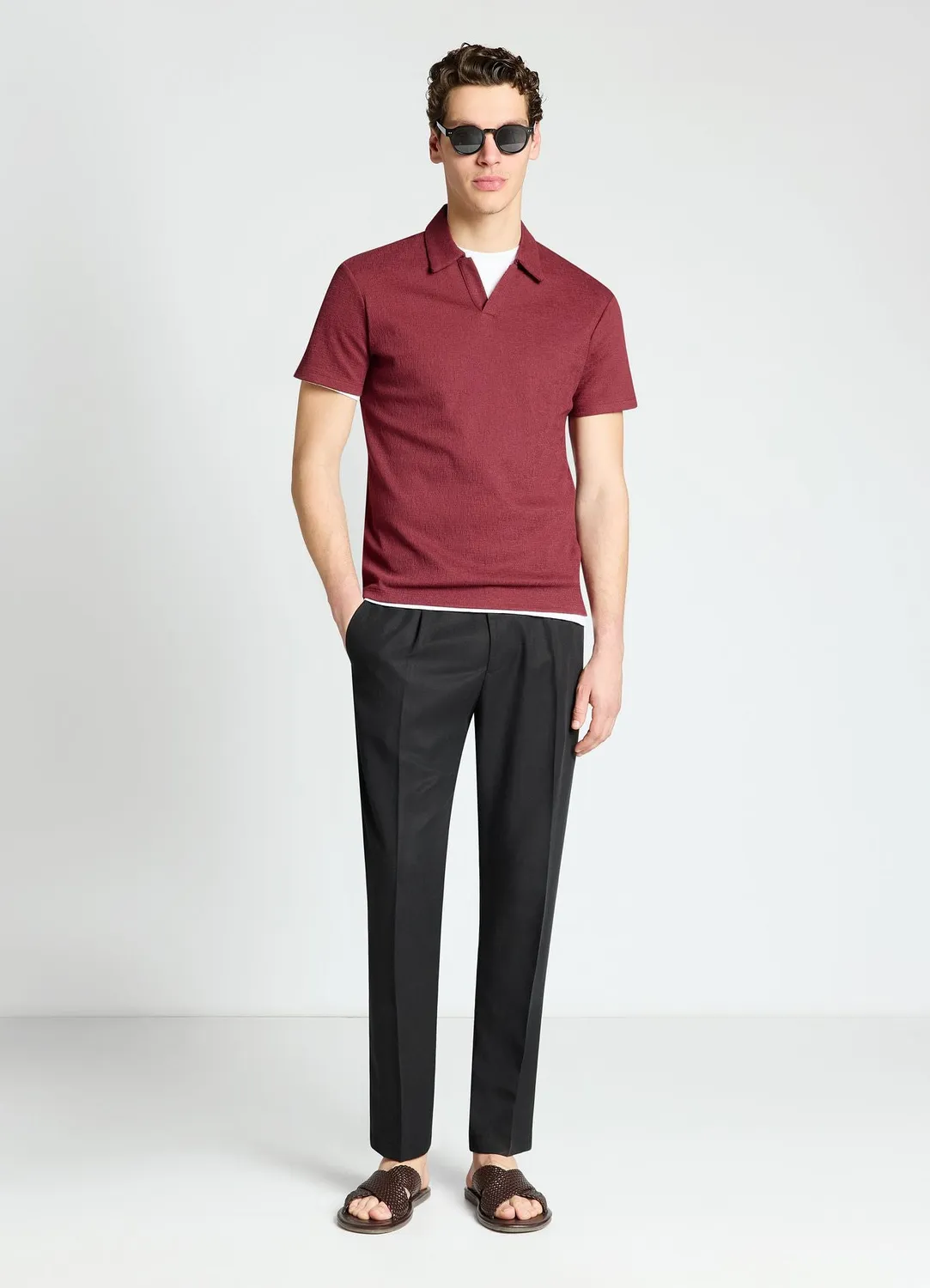 Calliope polo homme gaufré uni col V sans boutons