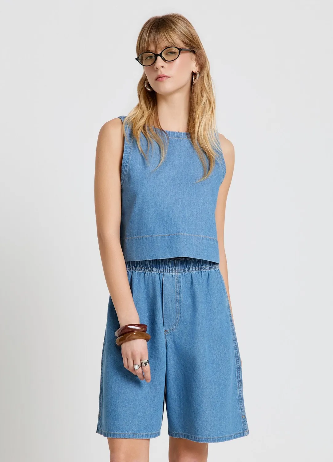 Calliope top denim femme boutons dos sans manches