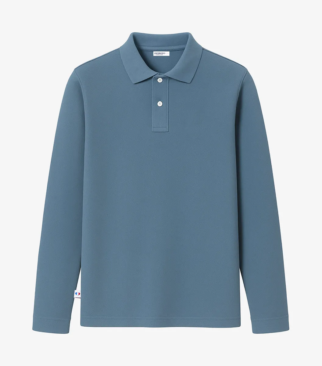 Cocorico Intemporel Azur polo homme manches longues coton