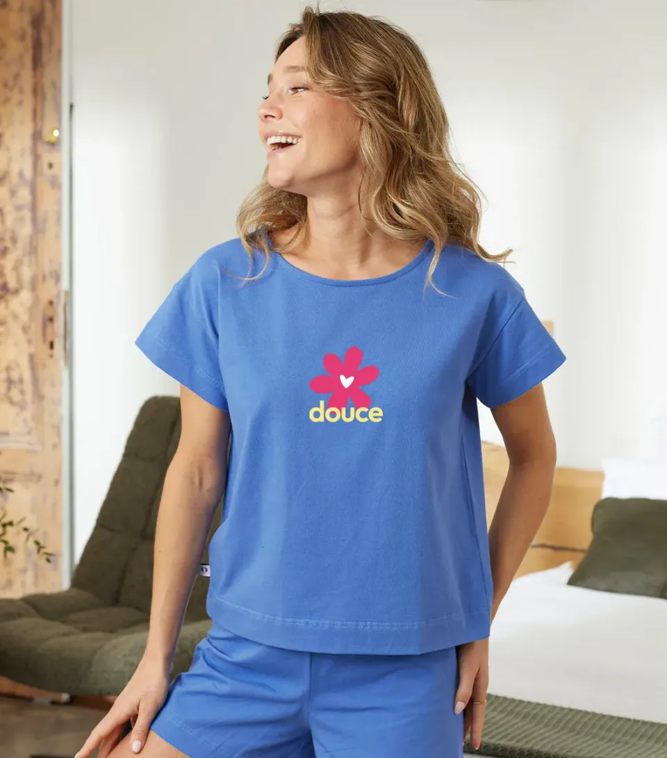 Cocorico Douce t-shirt pyjama femme bleu coton