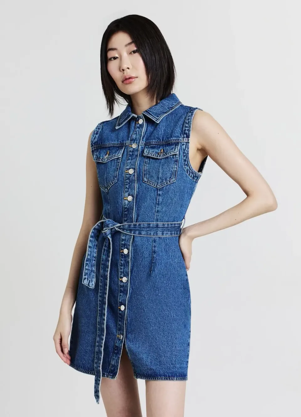 Calliope robe denim sans manches col chemise ceinture