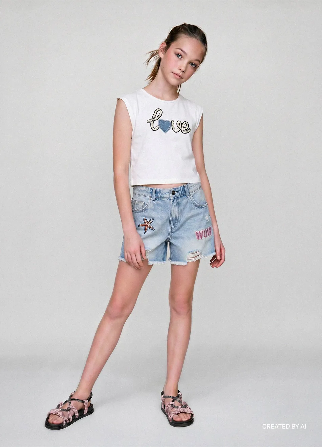 Calliope Short jean fille déchiré patch étoile