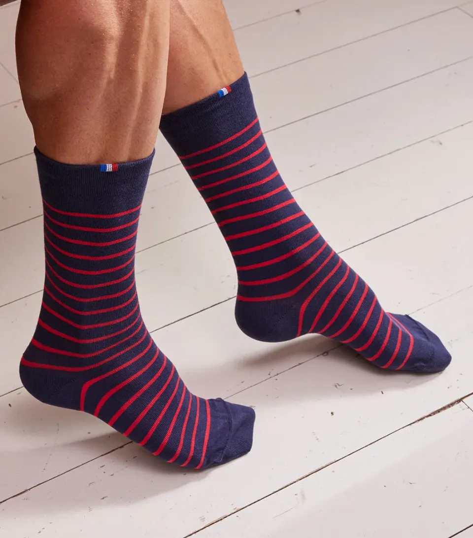 Cocorico Chaussettes Homme Rayées Marine Rouge coton