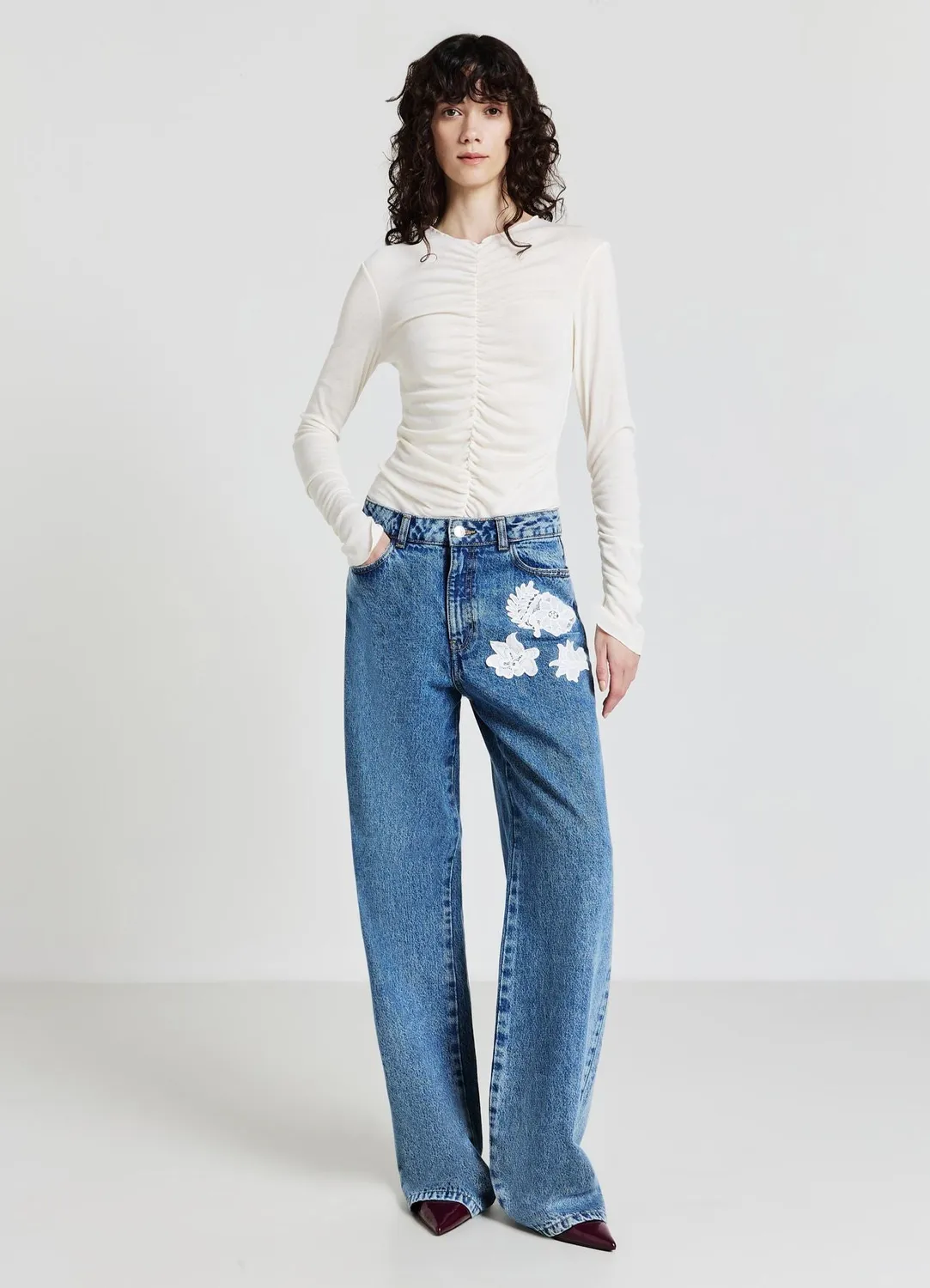 Calliope jean dentelle macramé femme coupe longue