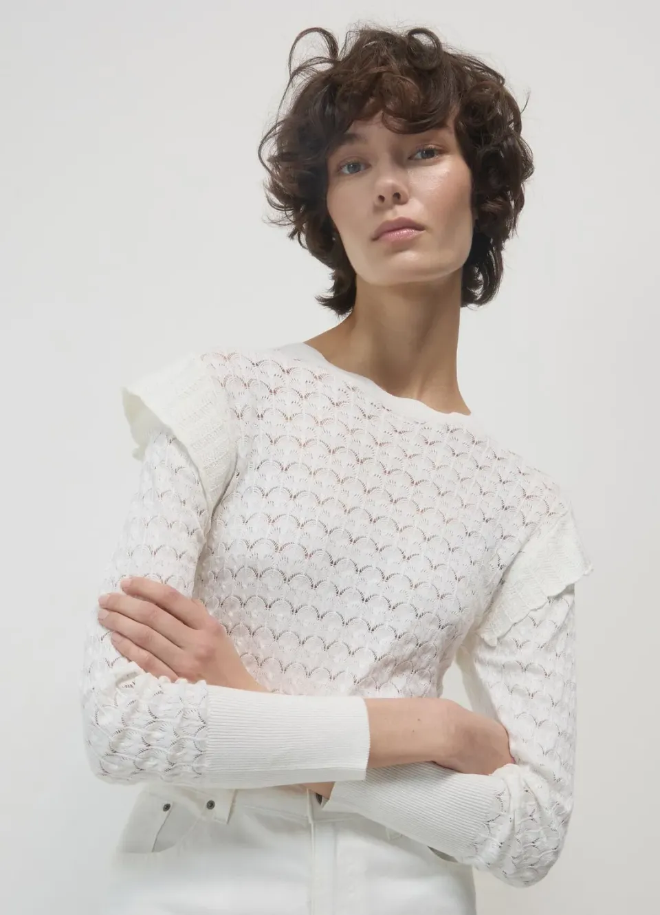 Calliope pull ajoure volants femme manches longues