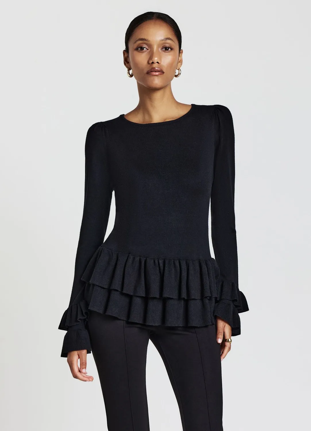 Calliope pull femme volants col rond manches longues