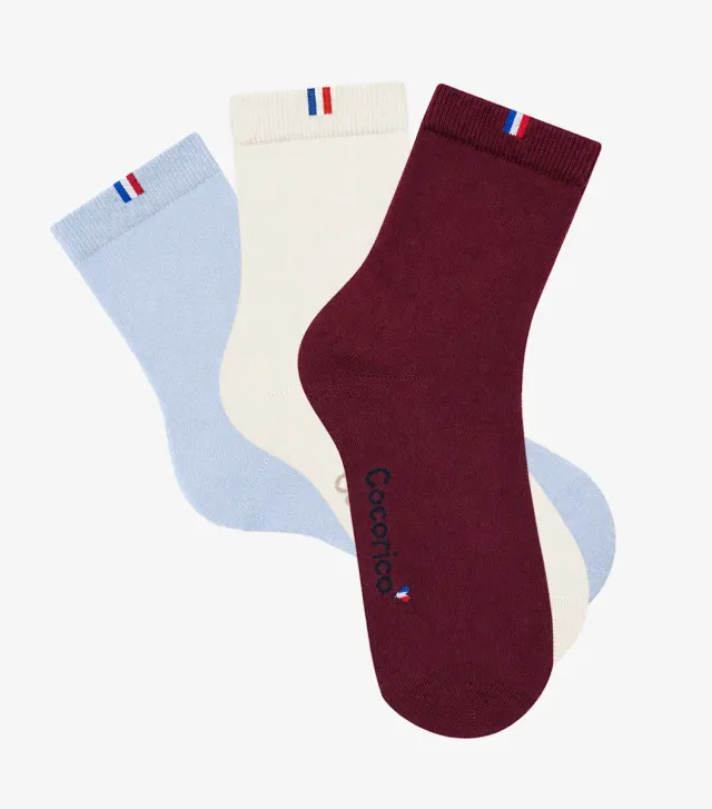 Cocorico écru bordeaux ciel chaussettes femme x3 coton