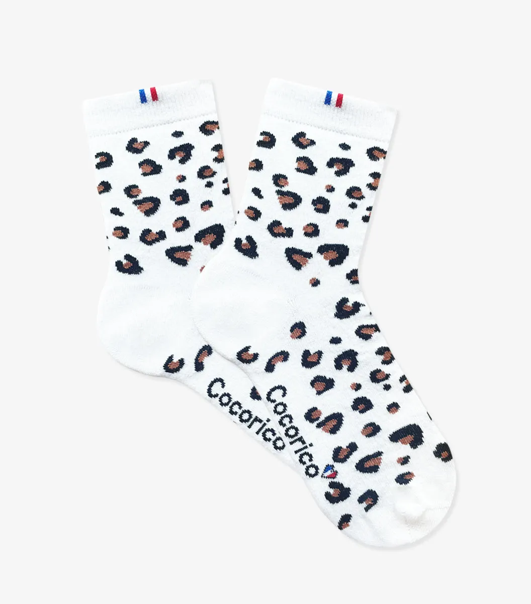 Cocorico Léopard chaussettes femme blanc coton