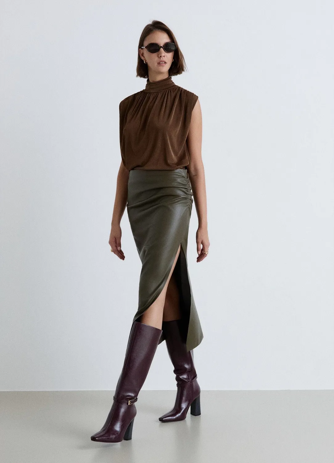 Calliope jupe midi effet cuir fente femme unie