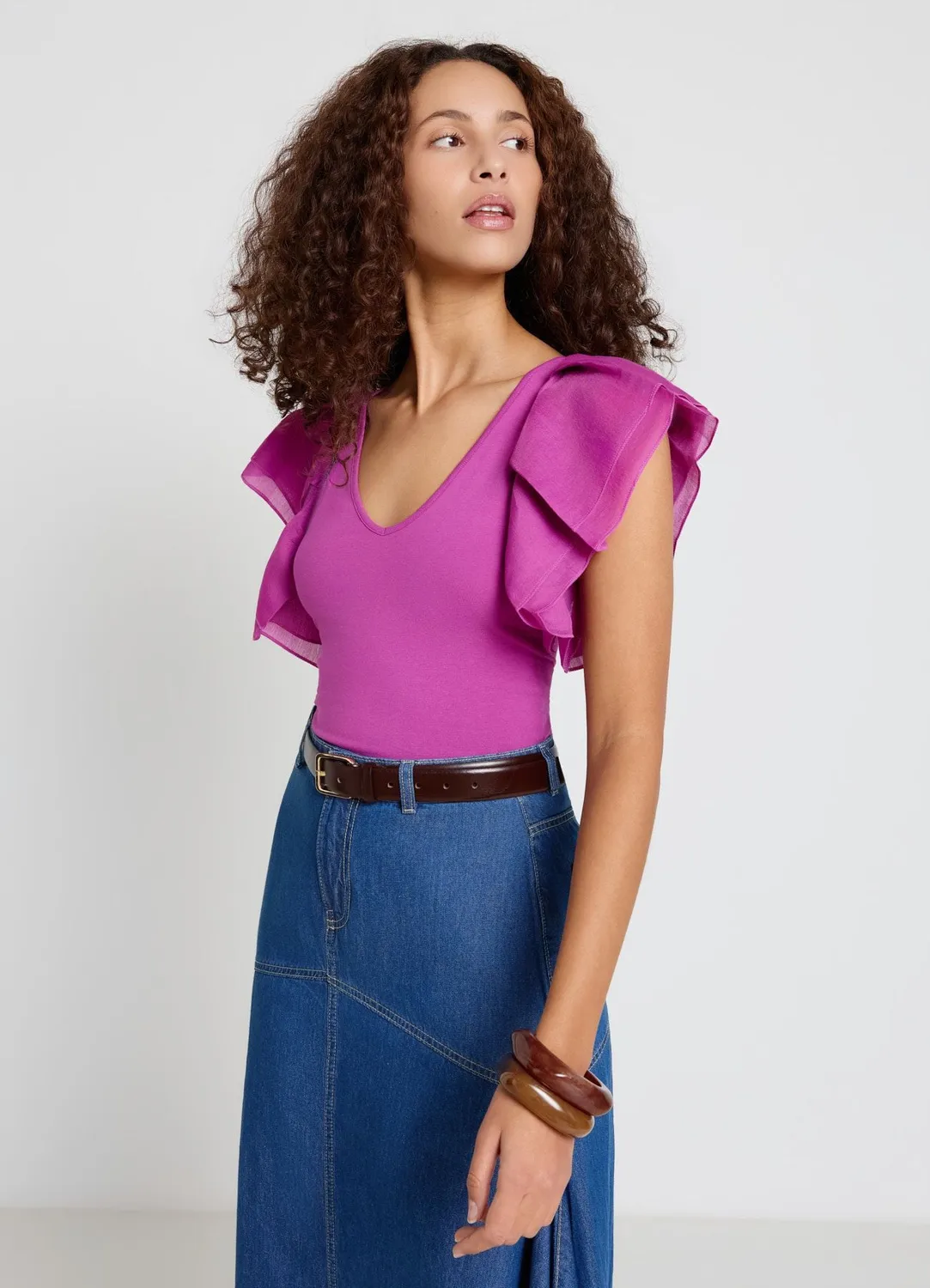 Calliope T-shirt col V manches volants femme organza