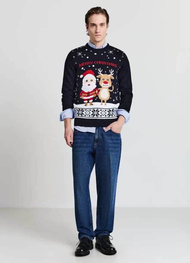Calliope pull de Noël homme col rond imprimé festif