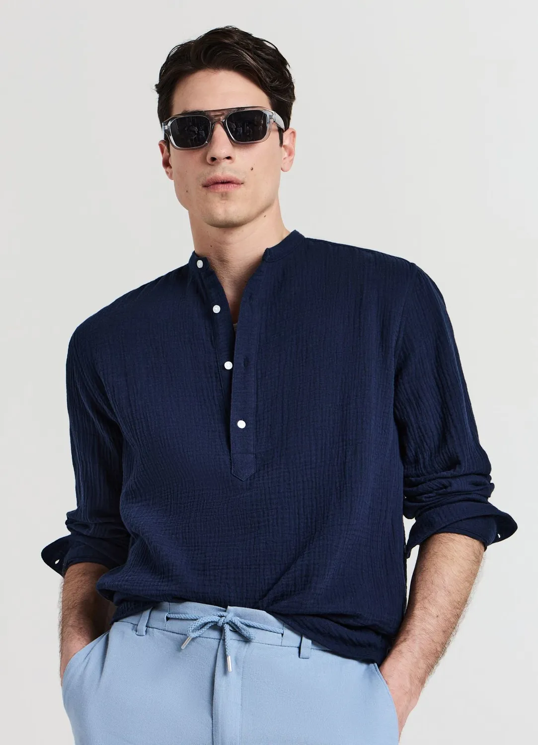 Calliope Chemise homme col coréen coton gaufré manches longues