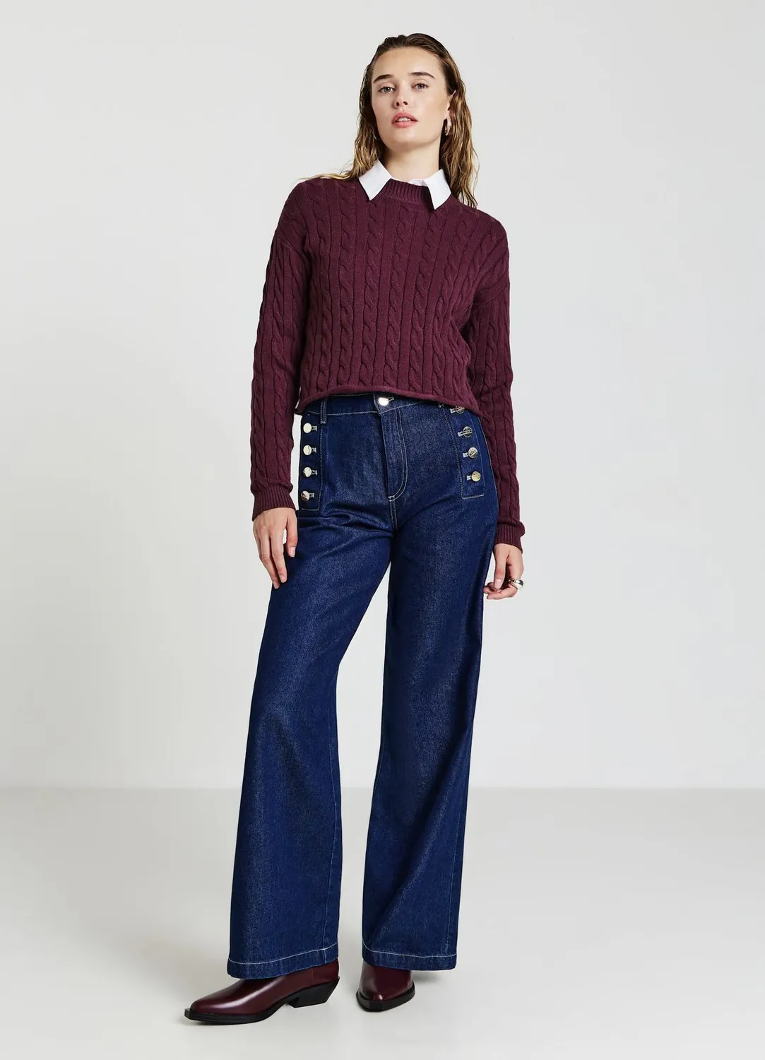 Calliope pull crop femme torsades col rond