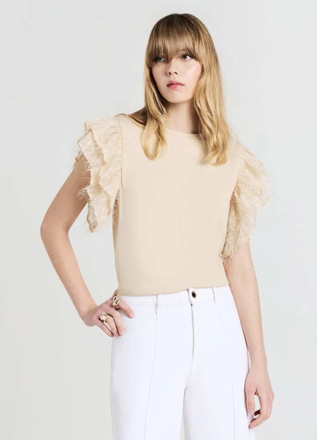 Calliope T-shirt Volants Coton Femme Col Rond