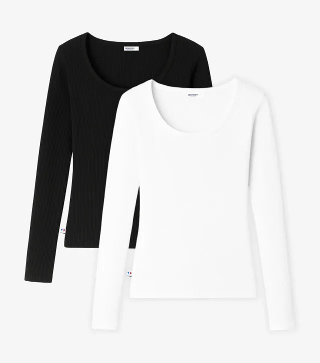 Cocorico Intemporel Côtelé T-shirt manches longues femme blanc noir x2 stretch