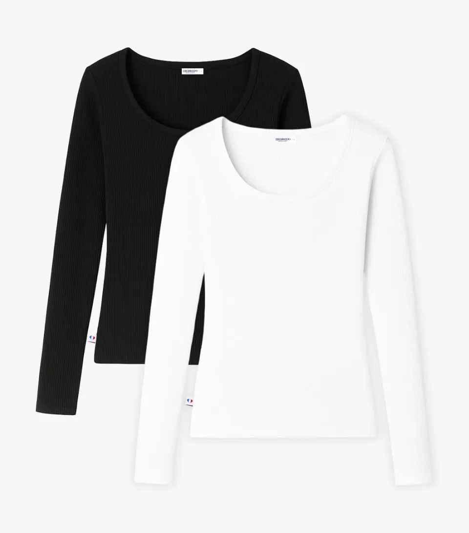 Cocorico Intemporel Côtelé T-shirt manches longues femme blanc noir x2 stretch