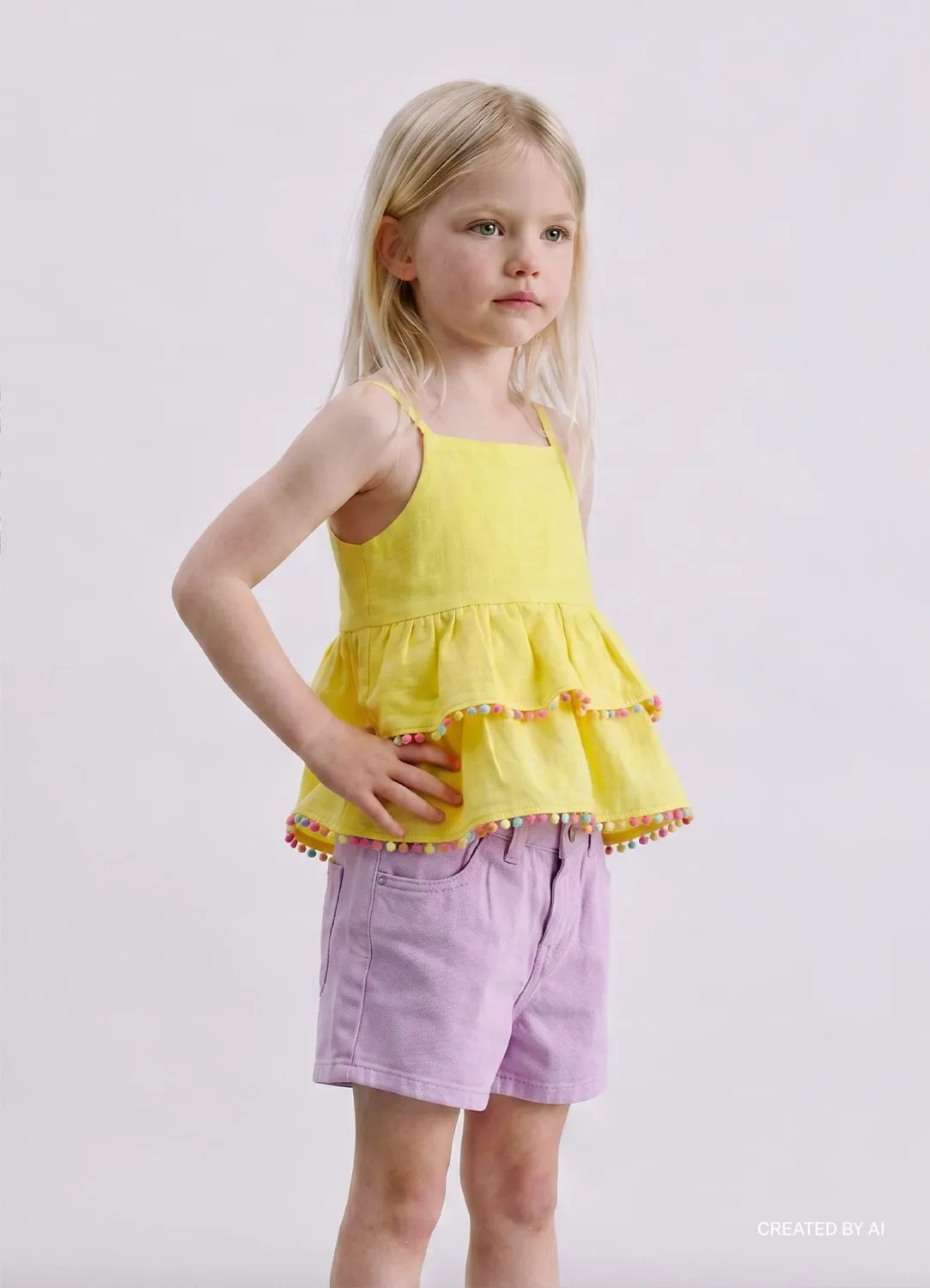 Calliope top fille volants pompons uni