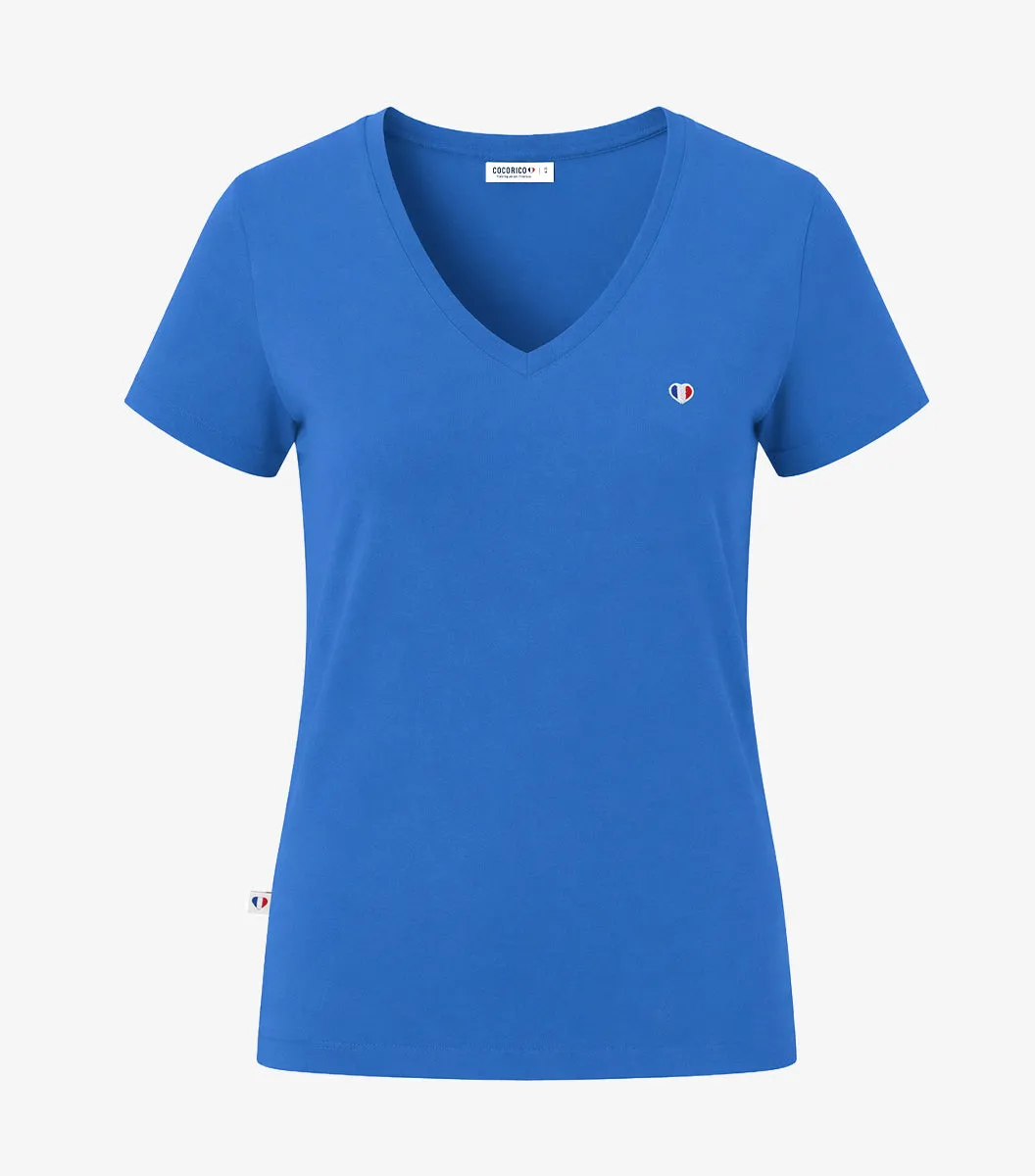 Cocorico Intemporel Col V t-shirt femme bleu riviera coton