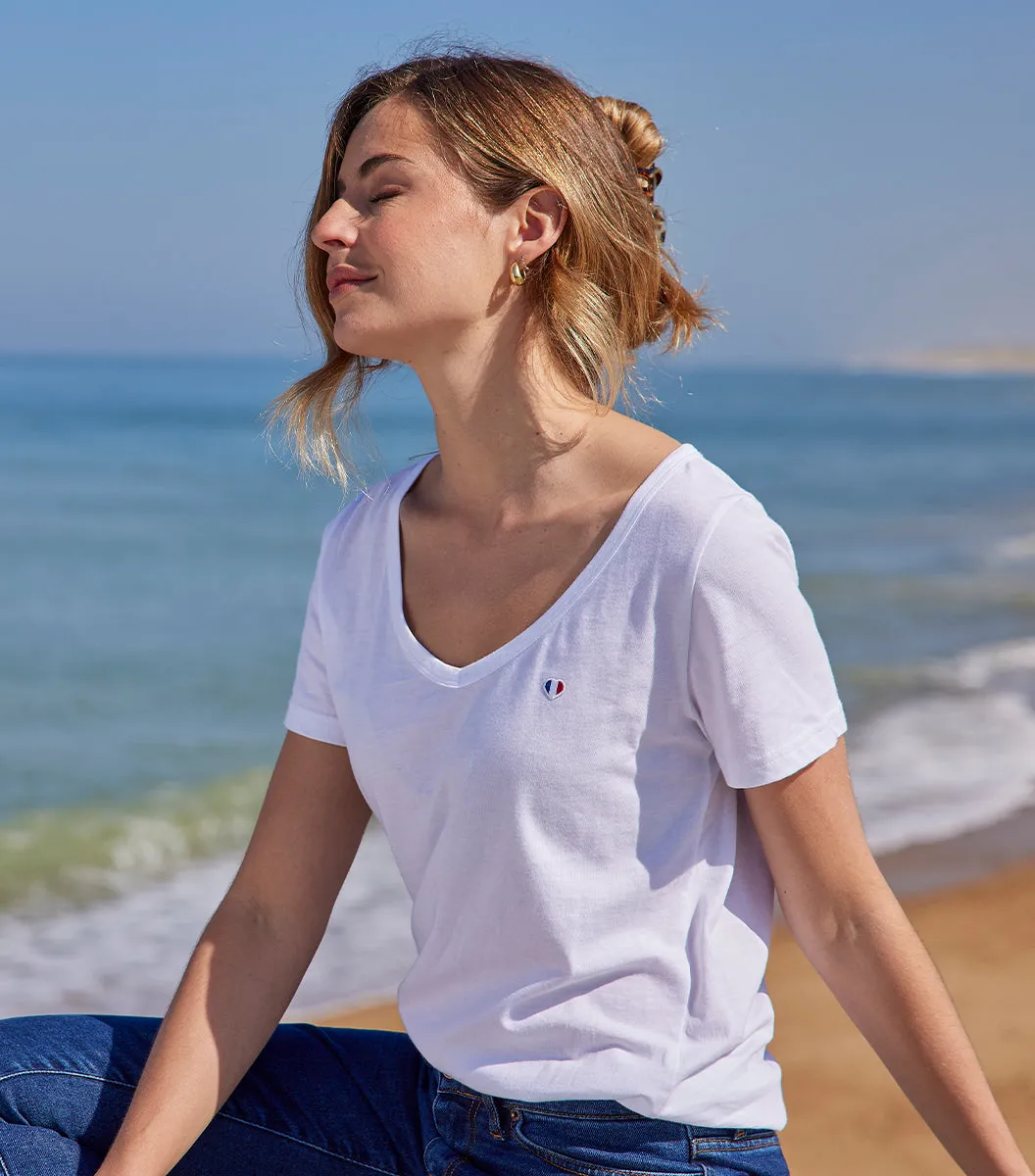 Cocorico Iconique t-shirt col V femme blanc coton