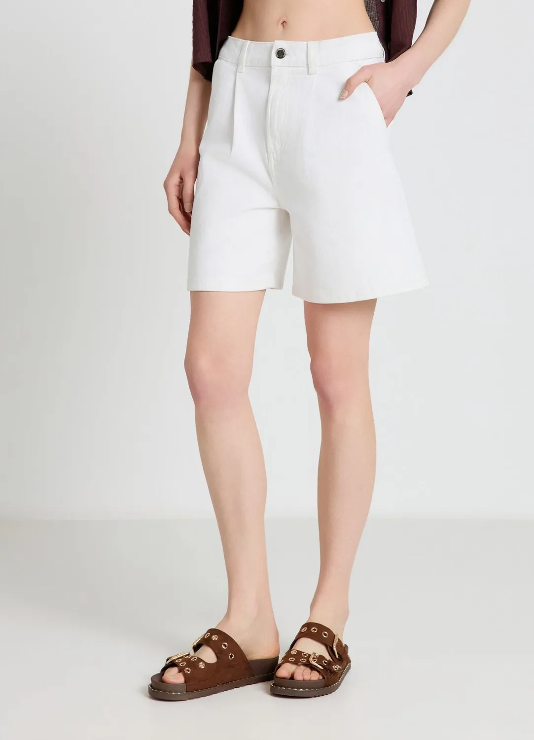 Calliope Bermuda denim shorts femme pinces taille haute