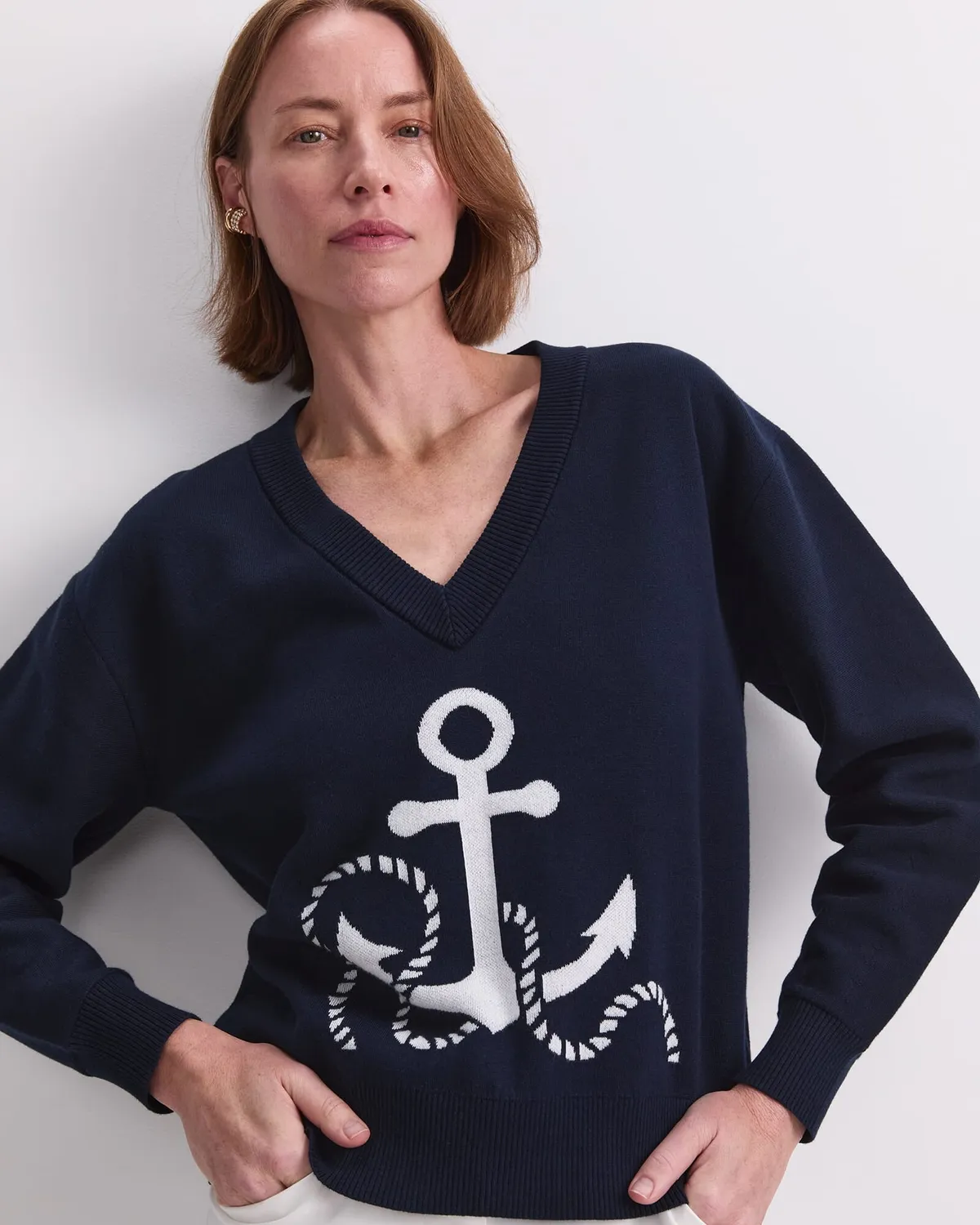 Sportscraft Anchor pull jacquard ancre coton col V