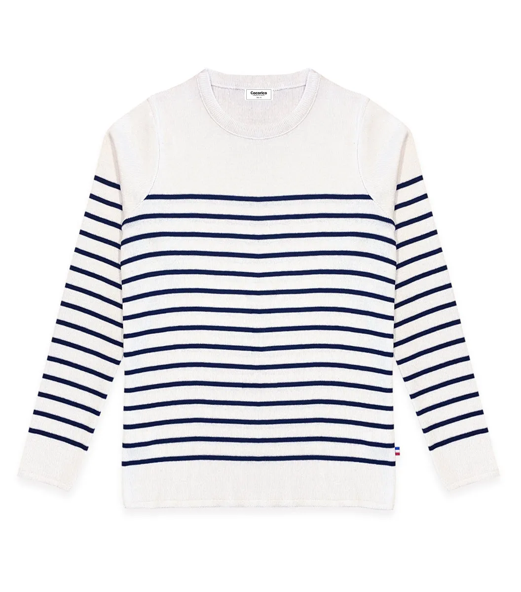 Cocorico pull marinière femme coton Crème rayures bleues