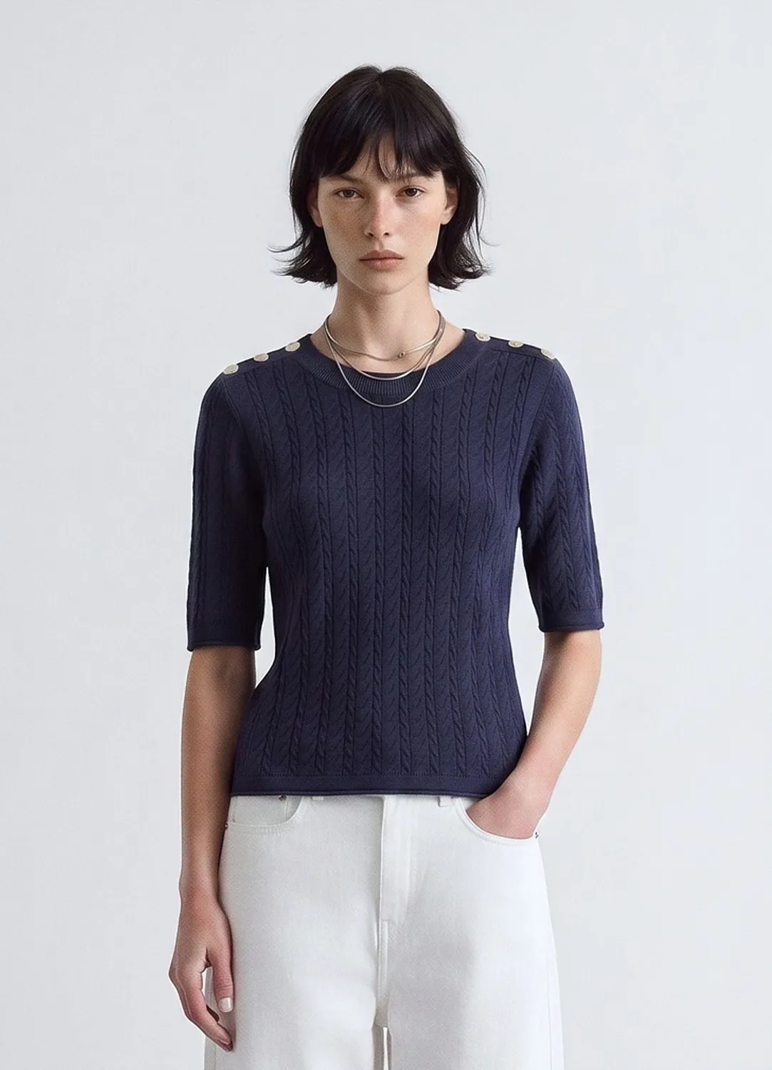 Calliope T-Shirt Maille Tresses Femme Boutons