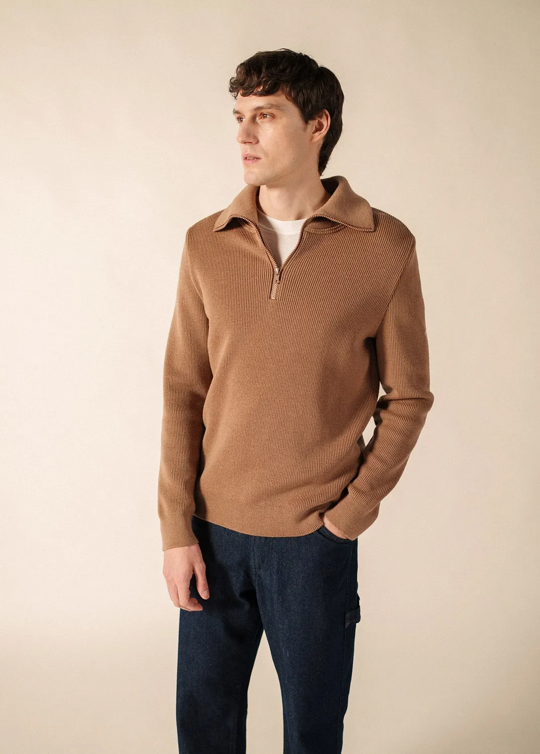 Saint James Cotentin pull beige col camionneur laine