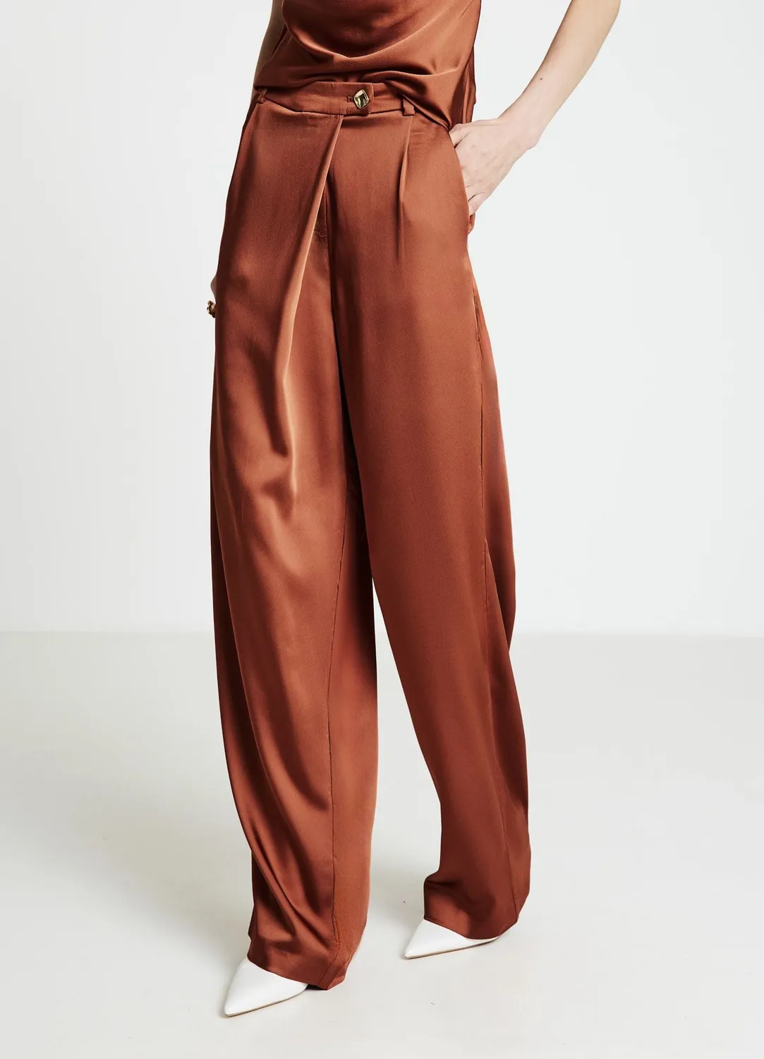 Calliope Pantalon Palazzo Satiné Pli Asymétrique Femme