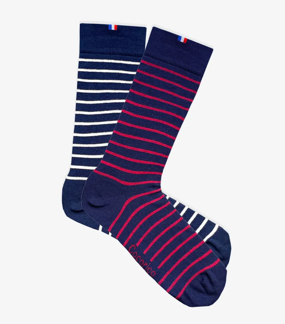 Cocorico Marinière chaussettes homme bleu x2 41/46 coton