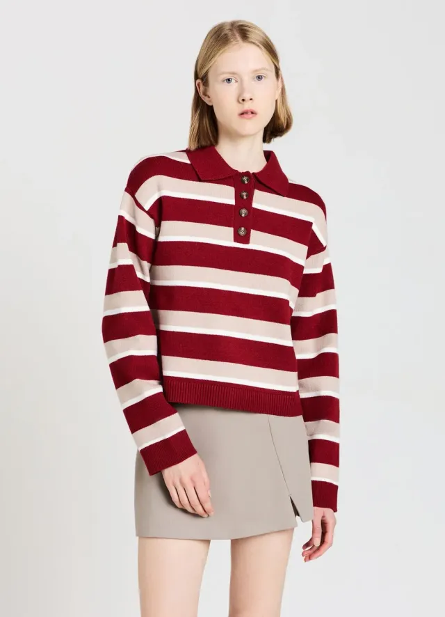 Calliope pull polo femme rayé manches longues boutons