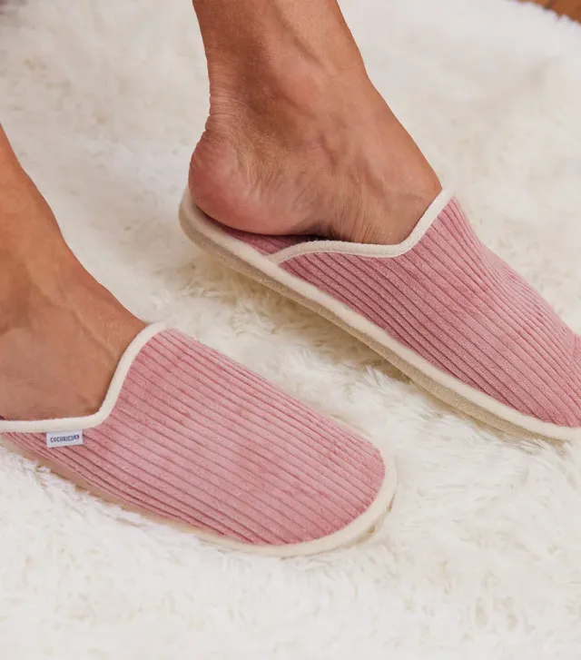 Cocorico Velours mules homme rose laine française
