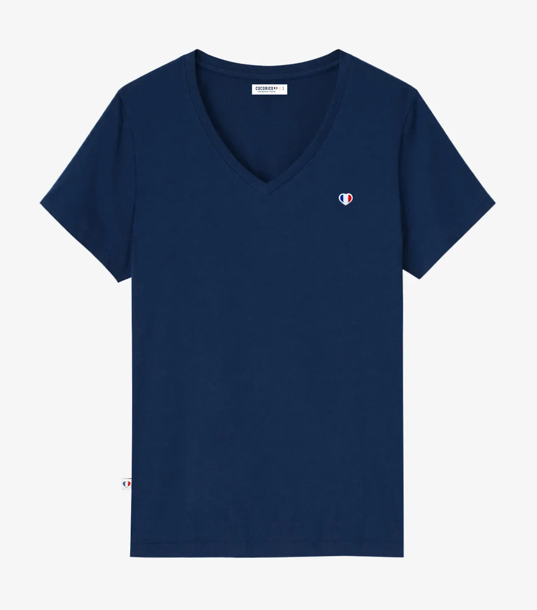 Cocorico Iconique t-shirt col V femme marine coton