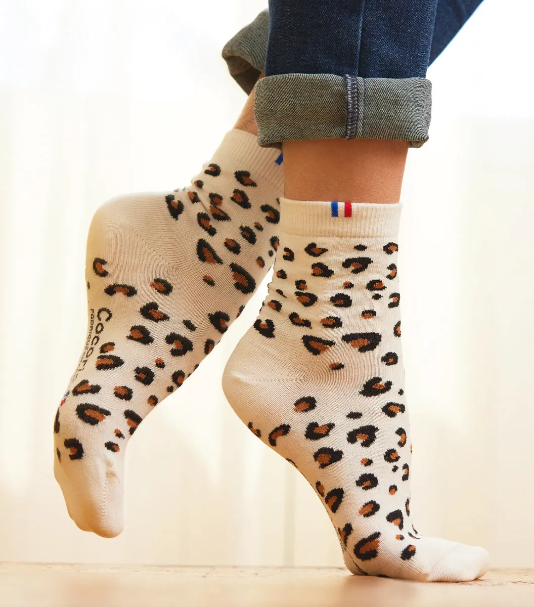Cocorico Léopard chaussettes femme blanc coton