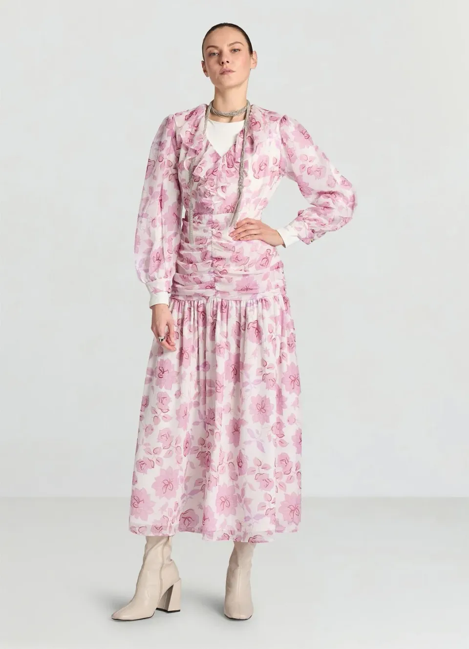 Calliope Atelier robe midi fleurs manches longues