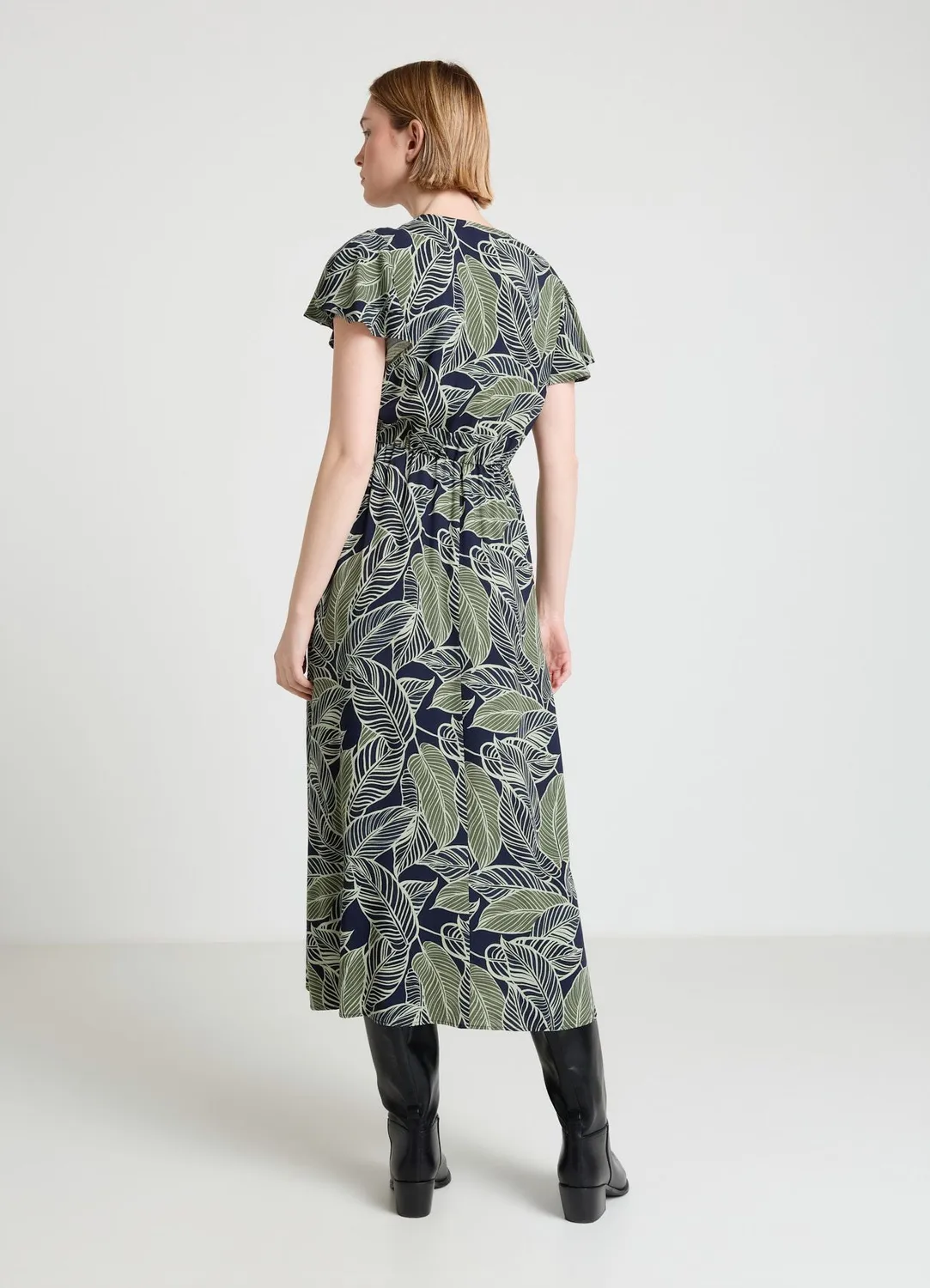 Calliope robe longue imprimé feuilles col V XS-XXL fluide
