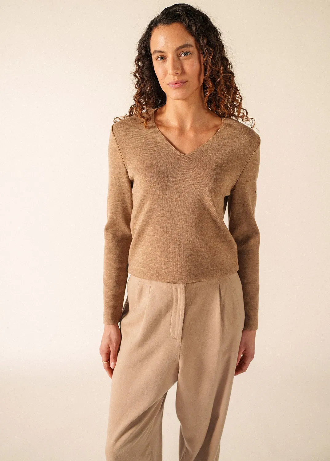 Saint James Bréhat pull col V beige foncé laine