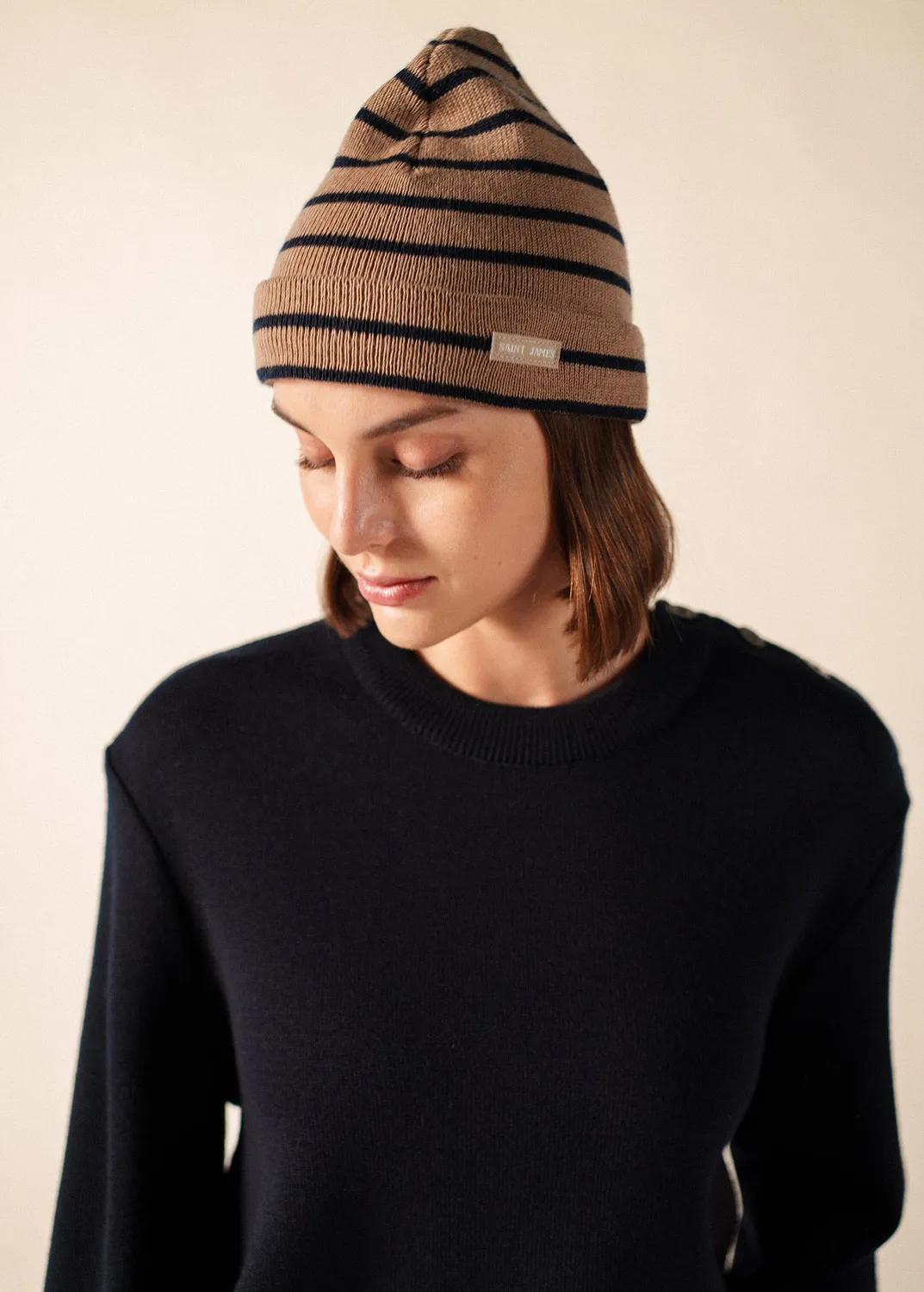 Saint James bonnet de quart beige foncé/marine laine