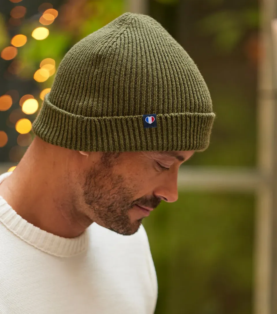 Cocorico Bonnet Homme Kaki laine mérinos taille unique