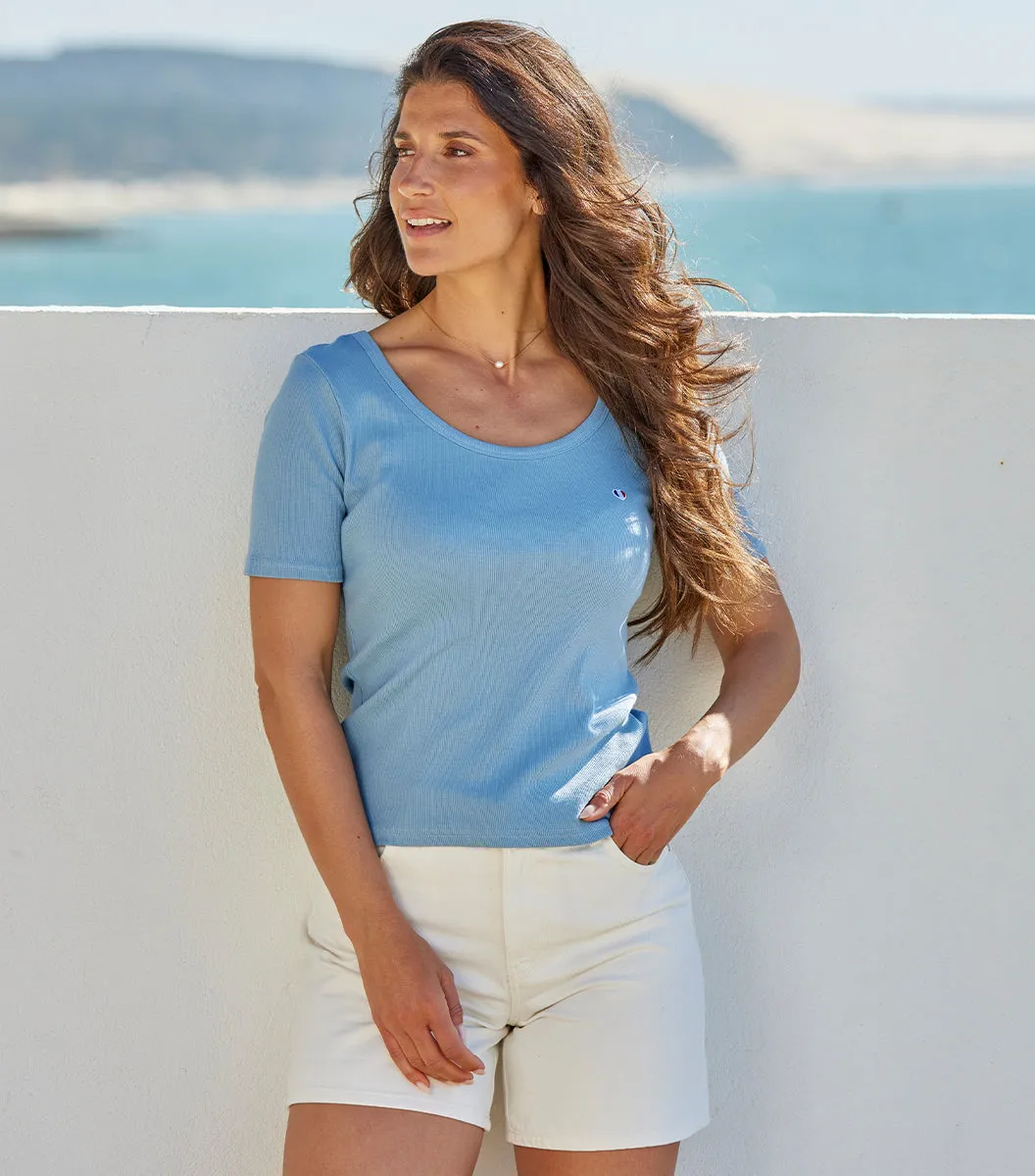 Cocorico Iconique t-shirt côtelé femme ciel coton