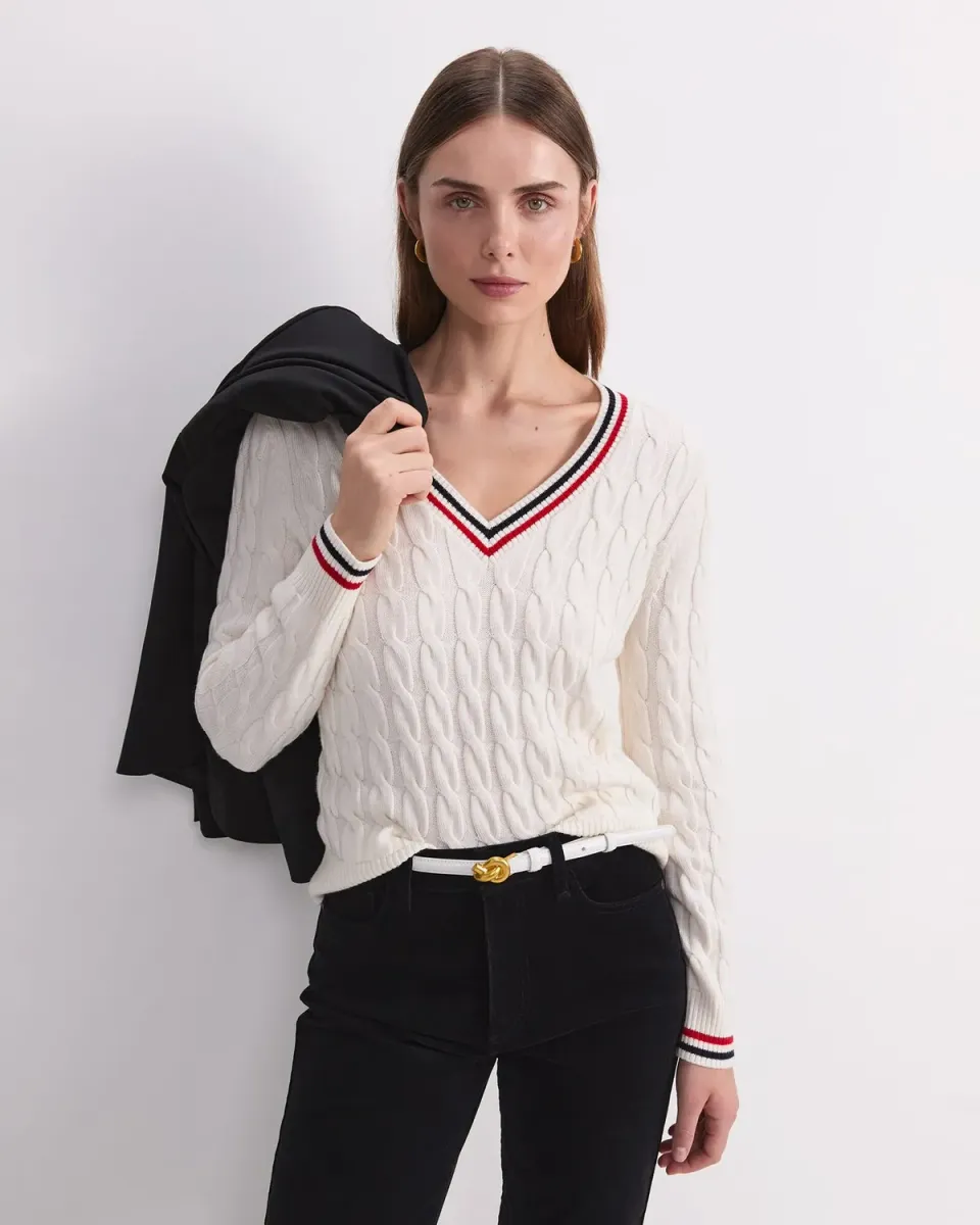 SportsCraft Merino Cable pull col V laine extra-fine femme