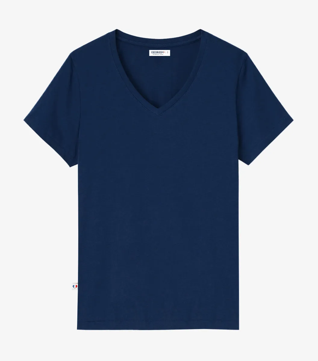 Cocorico Intemporel t-shirt col V femme marine coton