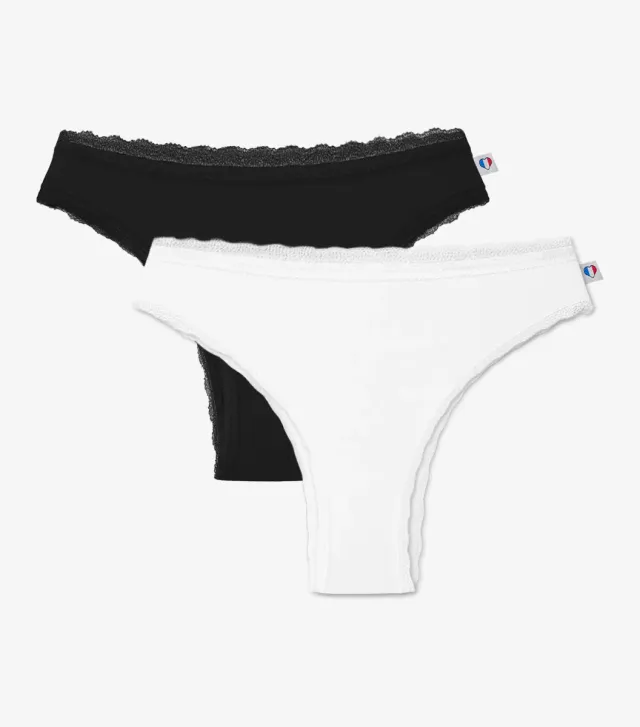 Cocorico Tanga Dentelle Femme x2 Noir Blanc coton taille M