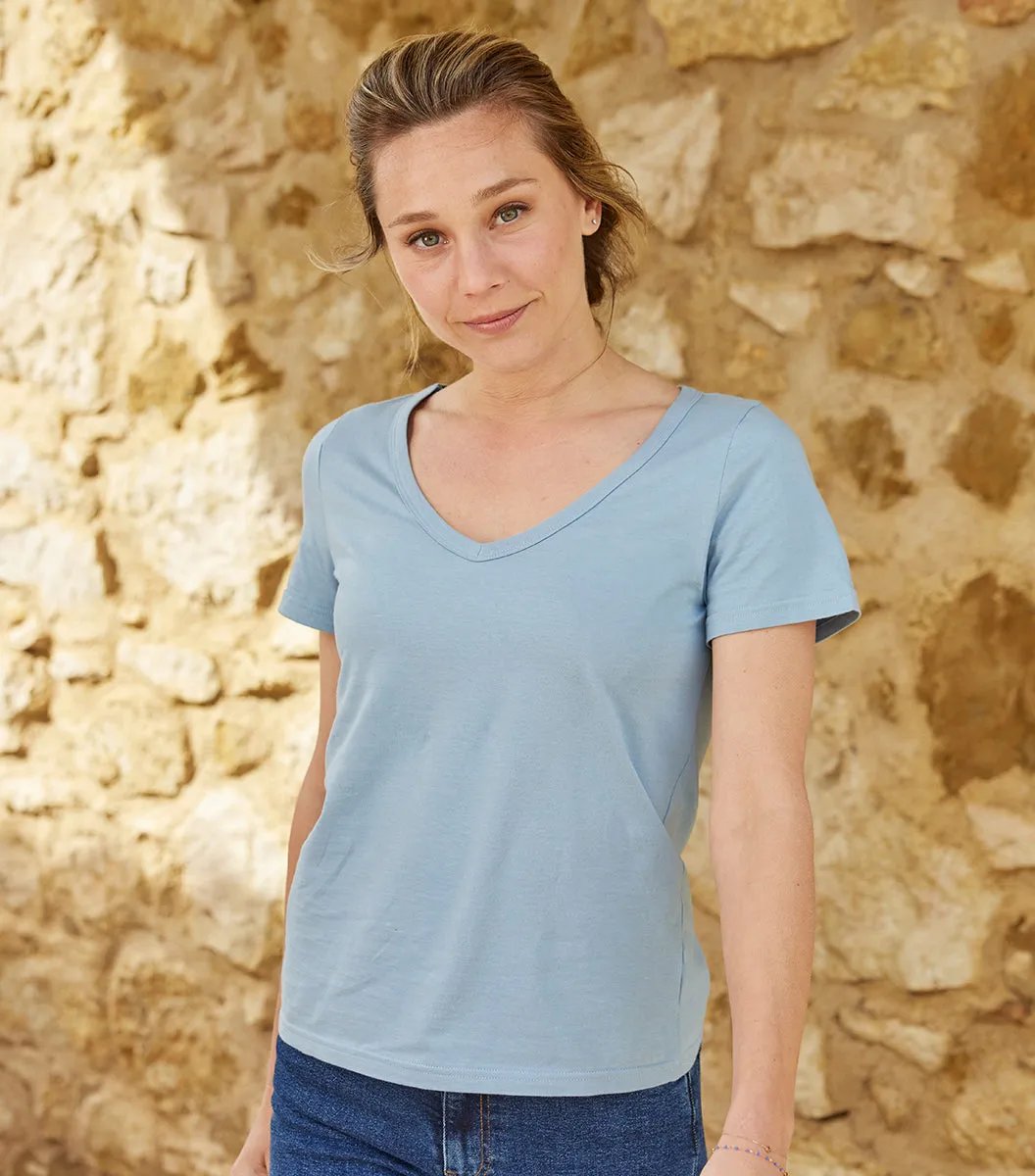 Cocorico Intemporel t-shirt col V femme ciel coton
