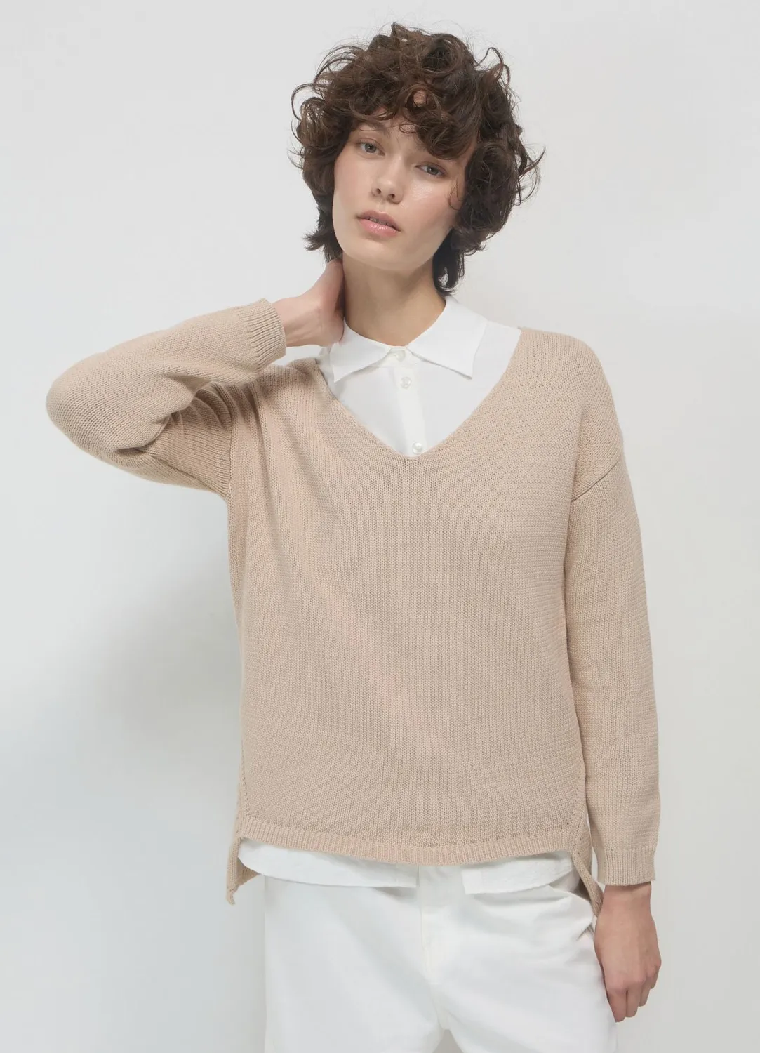 Calliope pull col V coton femme manches longues