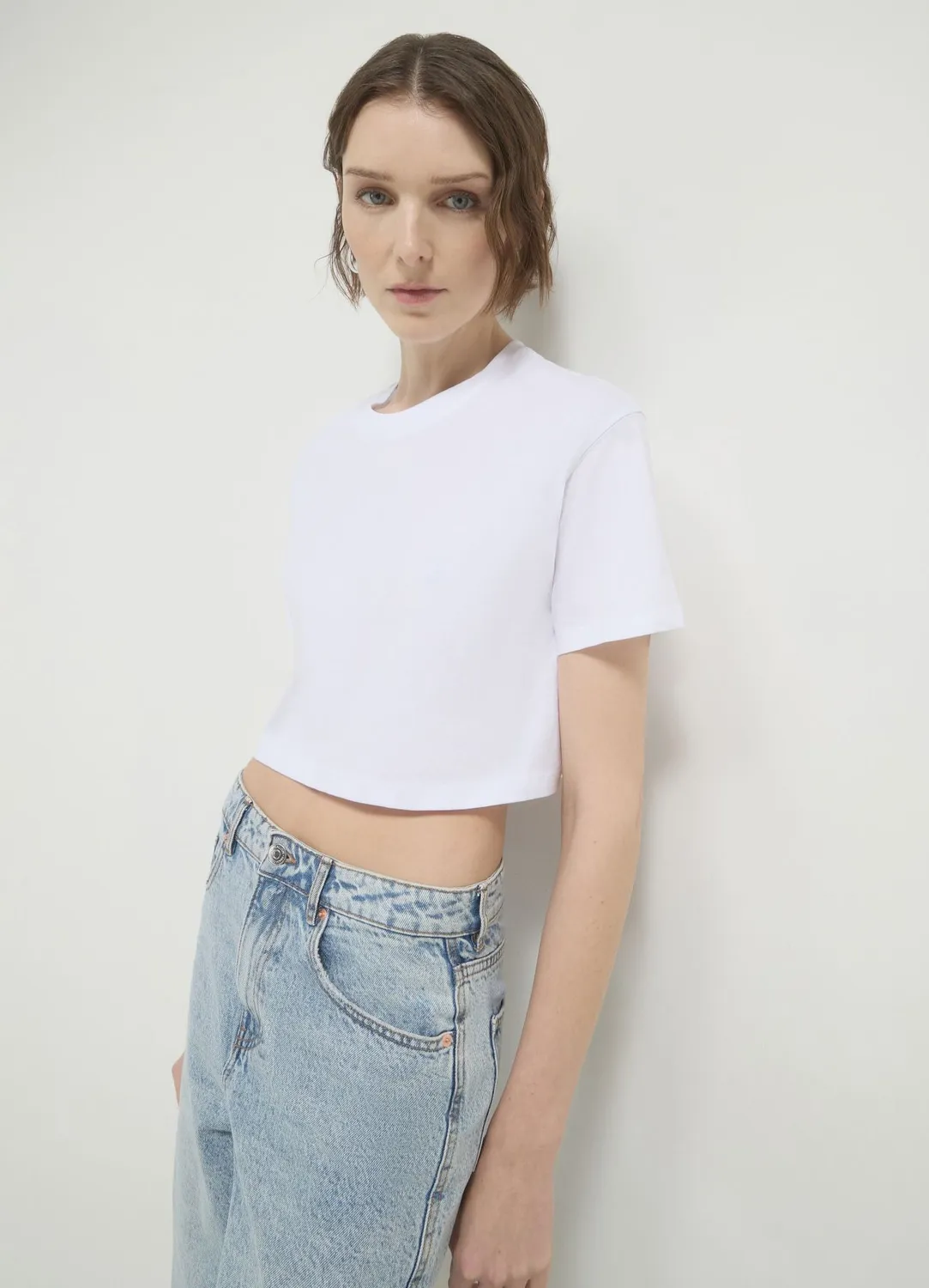 Calliope T-shirt crop coton femme uni manches courtes