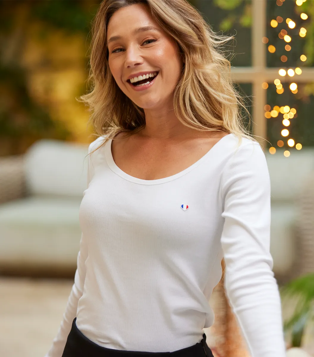 Cocorico Iconique Côtelé t-shirt femme blanc manches longues