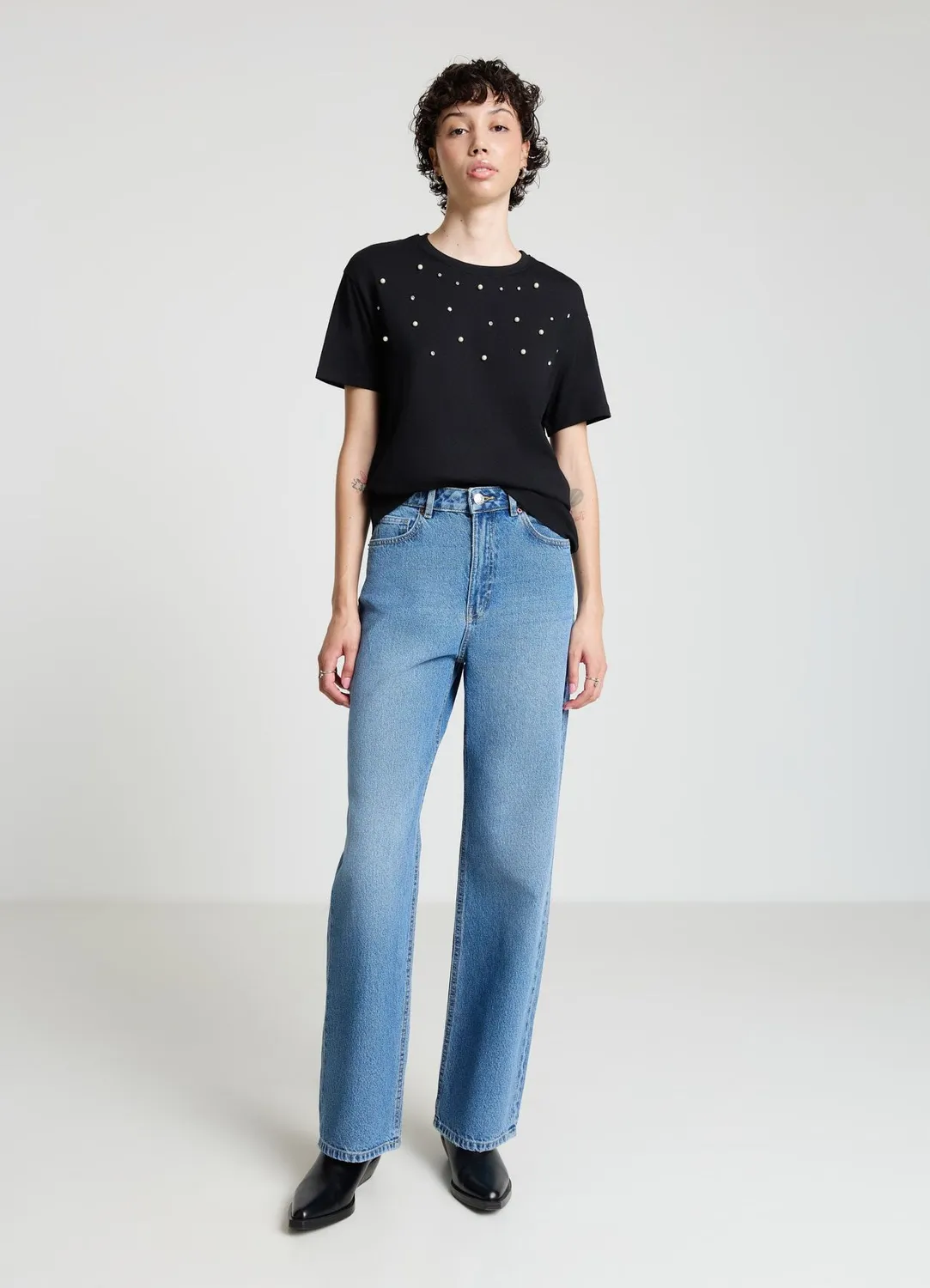 Calliope t-shirt perles strass femme col rond noir