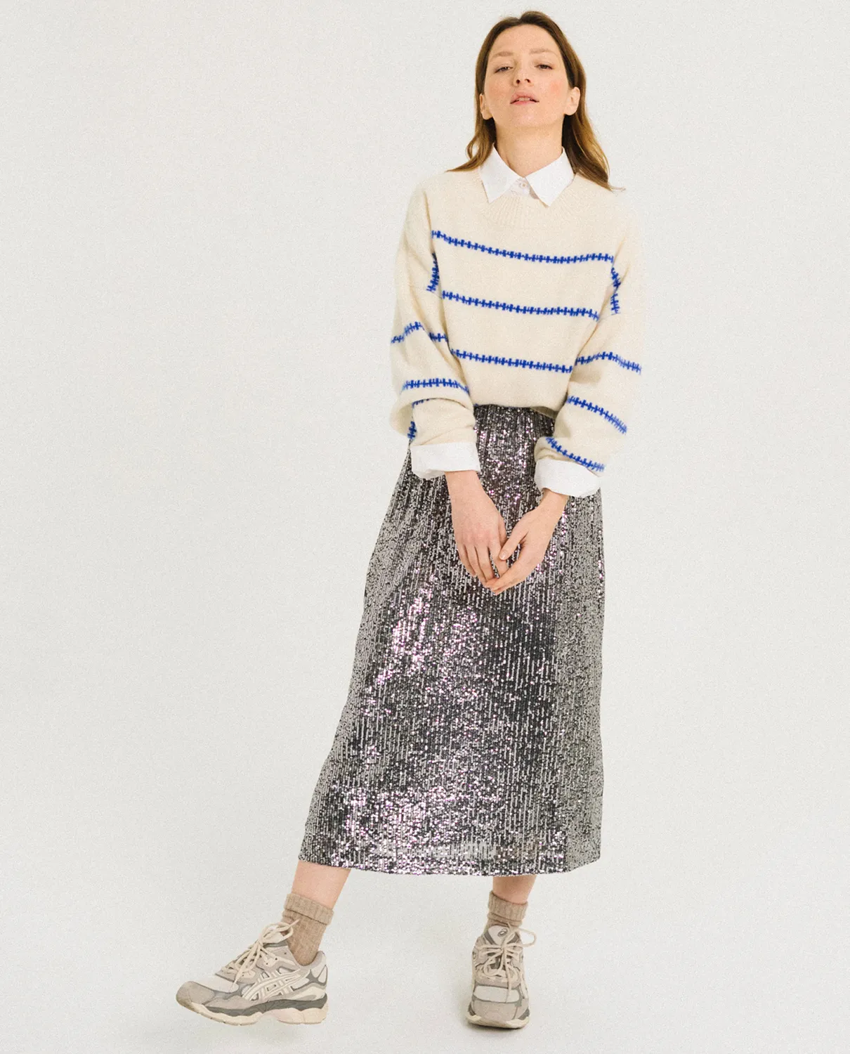 TINSELS FINLAND ECRU pull laine mérinos rayé