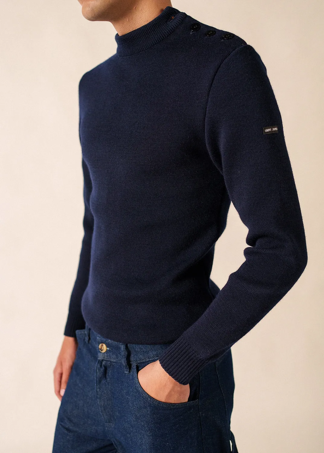 Saint James Officier pull marin marine laine ajusté